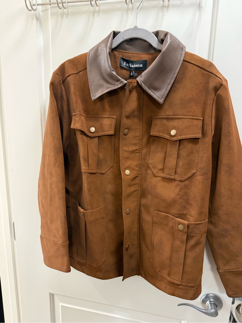En Saison Women’s Brown Faux Suede Jacket with Leather Collar. New with tags.
